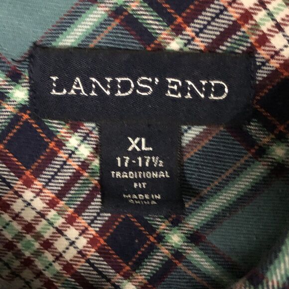Lands End Shirt Men XL Traditional Fit Flannel Plaid 17 17.5 Blue Red Button Up - Picture 2 of 10